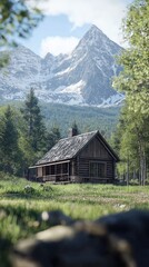 Rustic cabin nestled among majestic mountains in serene nature