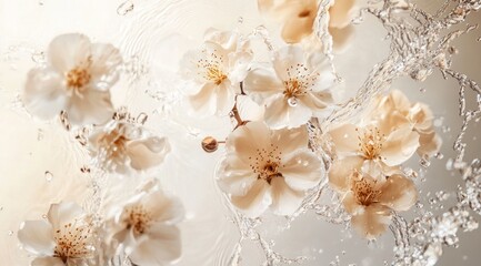 Delicate cream-colored flowers in water splashes.
