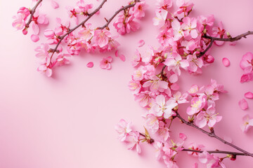 Fototapeta premium close up horizontal image of pink flowers over a neutral background, mockup space