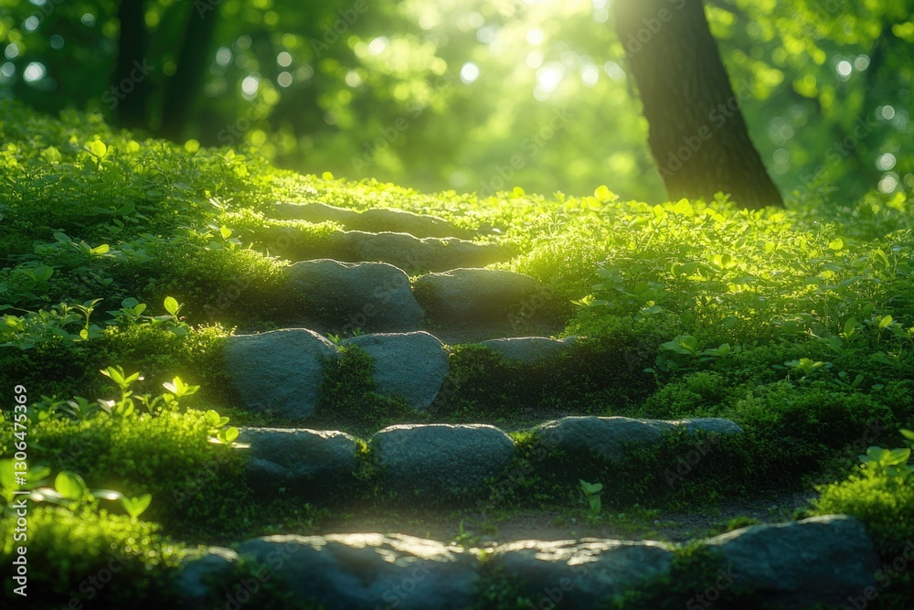 Poster a serene and peaceful scene featuring a winding stone path surrounded by dense foliage