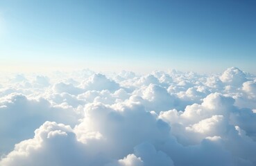 Aerial view of fluffy white clouds from airplane window. Generative AI image of blue sky above cumulus cloudscape. Cloud computing tech, climate, weather, meteorology concepts, airline travel