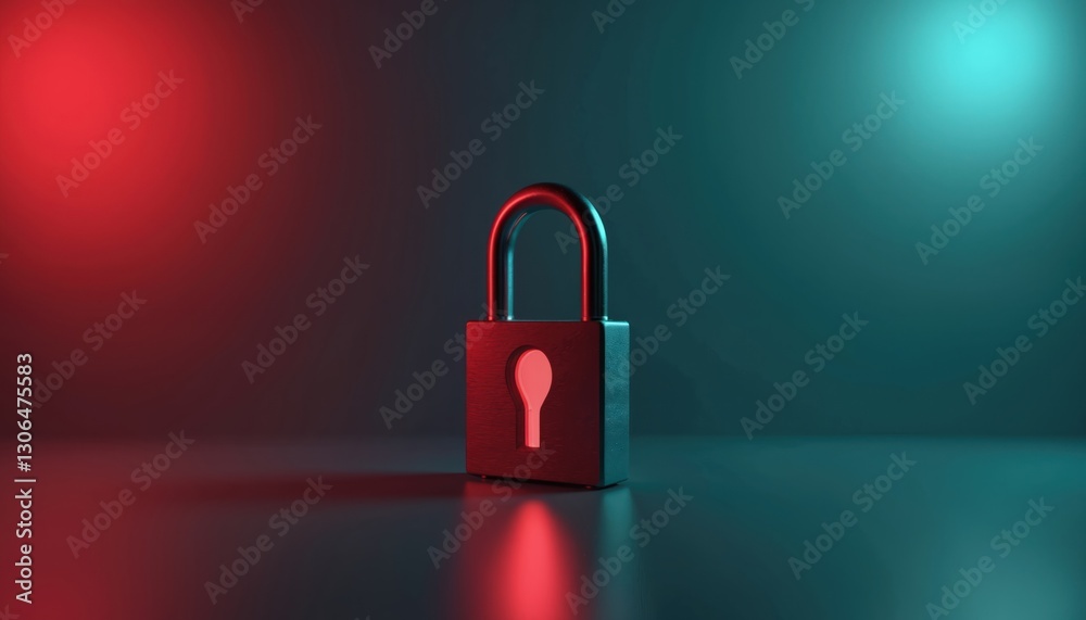 Leinwandbilder metal padlock on reflective surface with red and teal illumination. represents data protection and c
