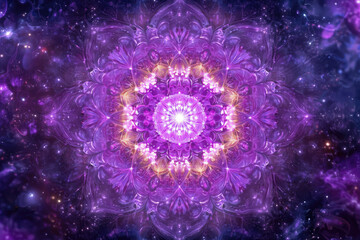 Fototapeta premium Intricate purple fractal mandala against a cosmic backdrop, radiating light and ethereal beauty.