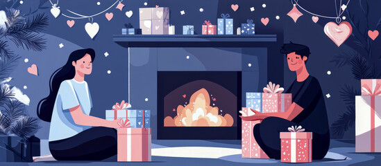 Valentine's Evening by the Fireplace: Couple with Gifts, Hearts, and Cozy Atmosphere for a Loving Celebration