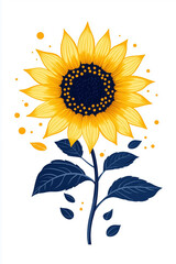 A cheerful sunflower stands tall with its golden petals and dark center, surrounded by delicate leaves and playful dots. This artwork captures the essence of summer and brightness