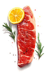 A beautifully presented cut of red meat rests on a white surface, adorned with fresh rosemary and a vibrant lemon slice, evoking a sense of freshness and flavor