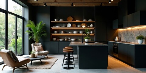 Modern dark kitchen design with island, open shelving, and comfortable seating area near large window