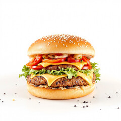 A vibrant burger rests on a clean white surface, showcasing layers of fresh lettuce, ripe tomatoes, melted cheese, and a savory beef patty, captivating all food lovers with its appeal