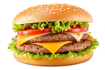 Layers of deliciousness come together in this mouthwatering double cheeseburger, featuring fresh lettuce, vibrant tomatoes, and melted cheese, all nestled in a toasted sesame bun