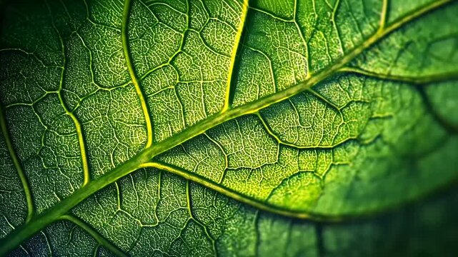 Close-up of a vibrant green leaf showcasing intricate vein patterns and textures