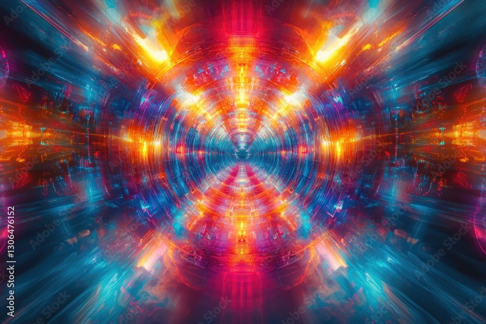 Poster Abstract vibrant tunnel of swirling lights and colors, creating a psychedelic and symmetrical kaleidoscopic effect.