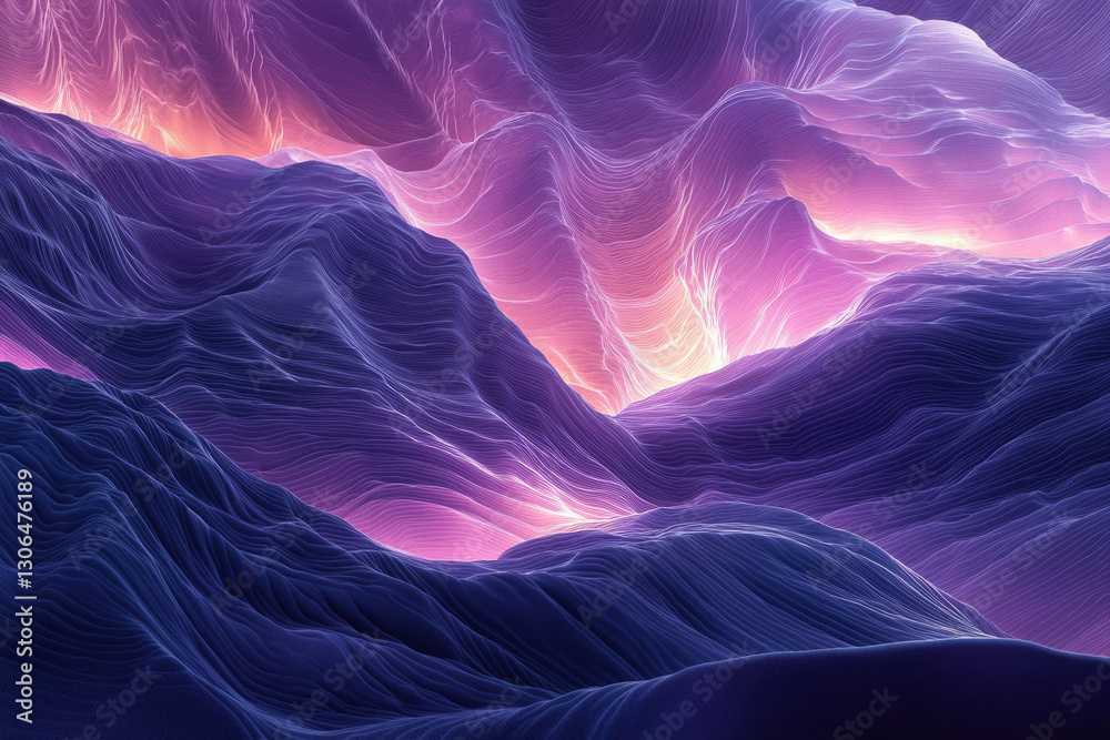 Poster abstract landscape of flowing purple and pink lines, creating a surreal and dreamy mountain range.