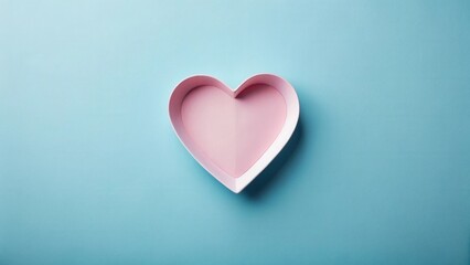 Obraz premium A pink heart-shaped container rests on a light blue background, ready for a thoughtful gift or sweet treat.