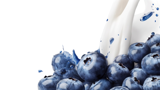"A handful of ripe blueberries with milk poured delicately on top, isolated on transparent background, showcasing a tempting treat." - Powered by Adobe