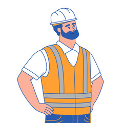Portrait of a worker in a white helmet and orange vest, hands on hips. Illustration on transparent background isolated on the back ground