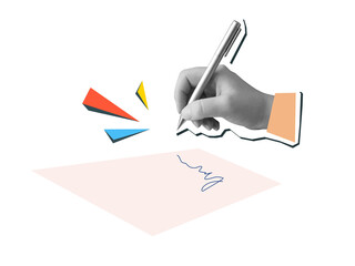 Black and white hand signs on a document. Modern collage style. Illustration on transparent background