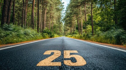 Scenic forest road with speed limit marking amidst tall trees