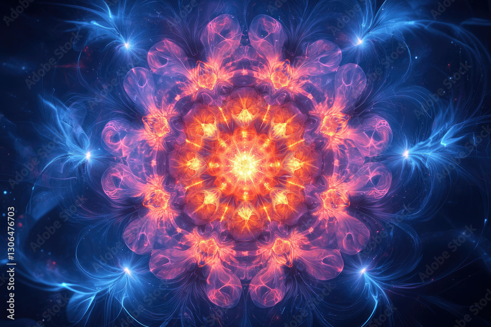 Poster intricate fractal artwork depicting a vibrant, fiery mandala-like structure with ethereal, glowing b