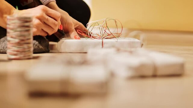 A close-up of hands tying twine around a gift and writing the recipient&rsquo;s name