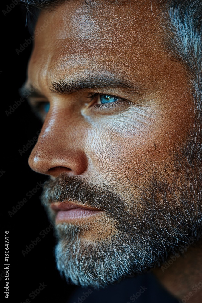 Poster close-up portrait of a bearded man, facial expression not visible