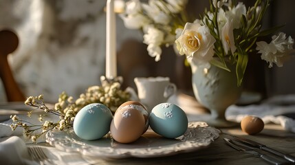 A lovely Easter table has soft blue and brown eggs with flowers and rough textures.