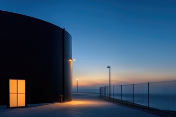 Obraz premium Modern facility illuminated at dusk, showcasing sleek lines and