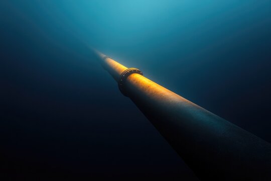 Underwater pipeline extending into depths, illuminated by soft g