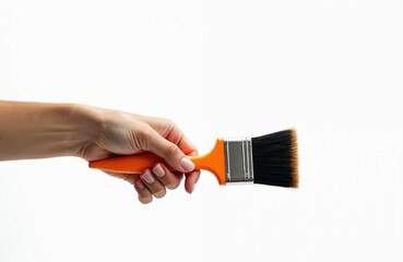 Clean paint brush held in hand. New tool with black bristles and orange handle isolated on white background. Hand shows paintbrush for home wall painting, repair works.