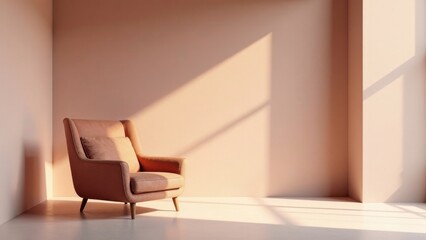Serene Minimalist Room Featuring a Peach-Colored Armchair Bathed in Warm Sunlight