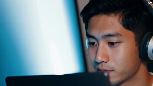 Asian young man with headphones in front of laptop at home. Online education. A focused young man listens intently, headphones allowing him to concentrate deeply.