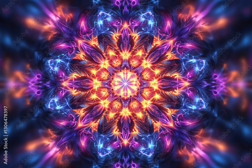 Poster a vibrant, symmetrical fractal mandala with swirling, neon colors creating a mesmerizing and intrica