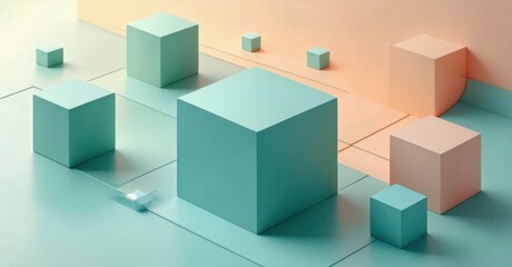 Fototapeta premium Minimalist futuristic cube artwork muted seafoam green bright sapphire pastel peach arranged soft isometric floating composition