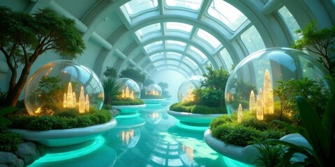 Fototapeta premium Serene Indoor Oasis Tranquil Underwater Garden Pathway with Illuminated Spherical Plant Enclosures