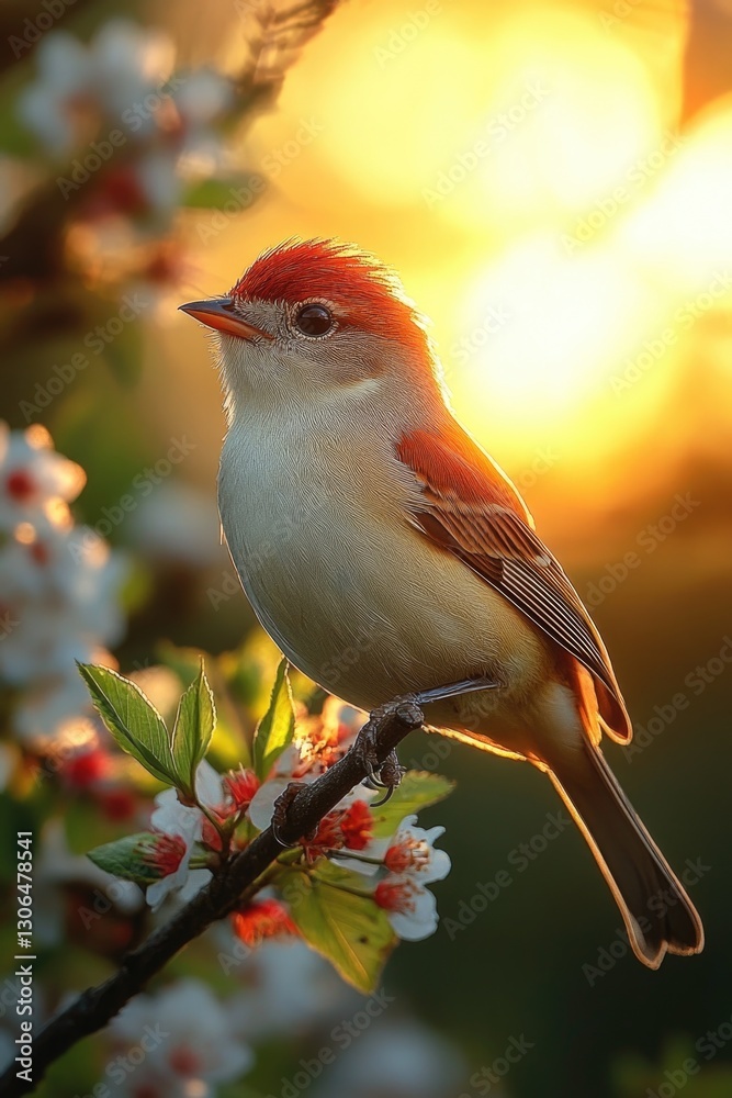 Poster a small bird perched on a tree branch, simple and natural scene