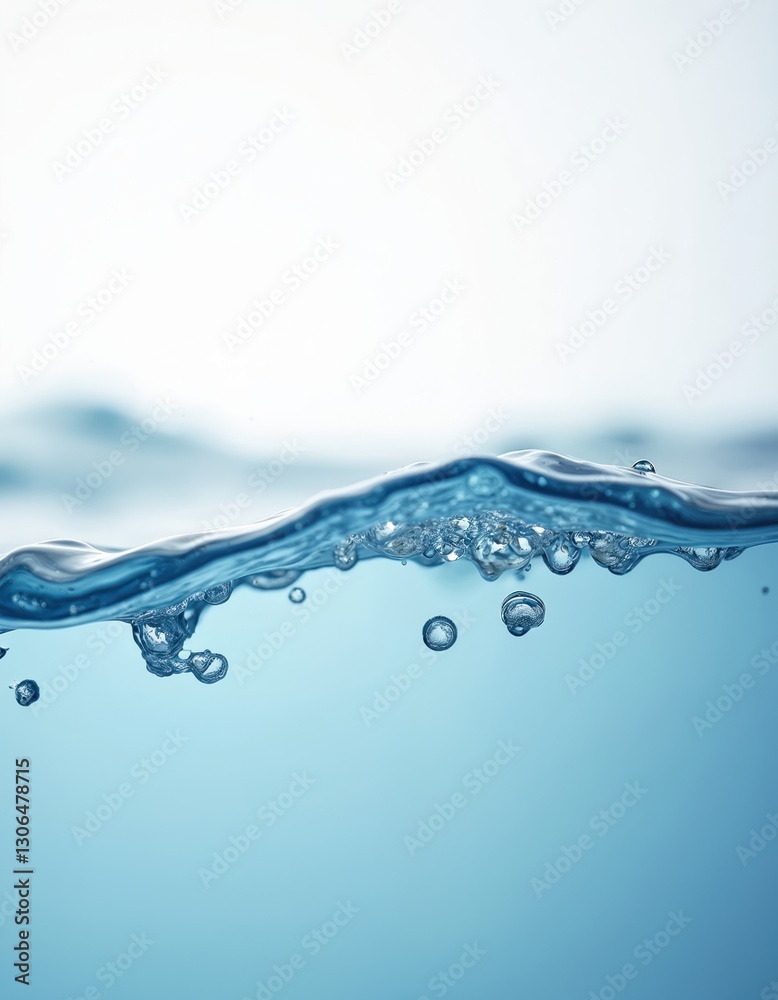 Poster light blue calm water surface with bubbles and ripples against soft white background. liquid texture