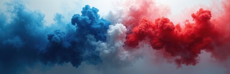 Abstract clouds design in patriotic red, white, blue like USA, France, Australia flags. Symbolic smoke background evokes national pride, unity, freedom, celebration. Memorial holiday backdrop for