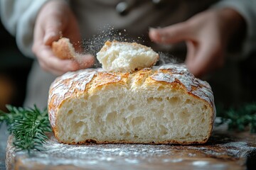 A person sprinkles sugar on a freshly baked bread loaf