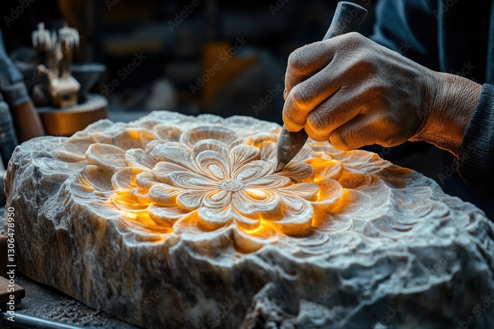 Poster a person is carving a stone with a knife, creating a detailed design