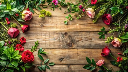Rustic Wooden Background Decorated with Vibrant Floral Arrangements Featuring Roses and Greenery