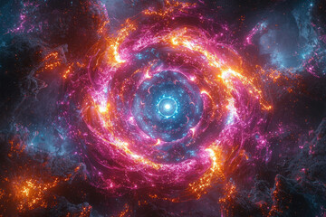 Obraz premium A mesmerizing cosmic swirl of vibrant pink, orange, and blue nebulae, creating a breathtaking celestial spectacle.