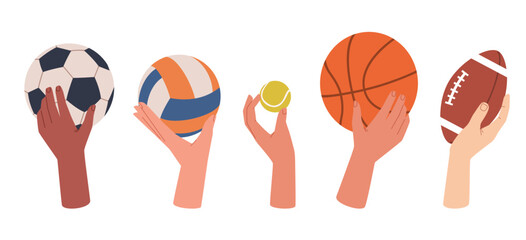 Human hands holding sports balls. Football, volleyball and tennis ball. Rugby and basketball. Competition and championship symbol, games equipment. Cartoon flat isolated vector concept