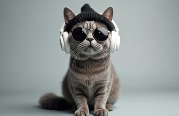 Funny gray cat wears black hat vintage round sunglasses, listens to music in white wireless headphones on gray background. Creative animal style concept. Cute feline hipster portrait in studio.