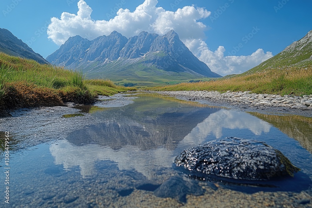 Poster a large rock sits in the middle of a flowing river, surrounded by calm water and potential aquatic l