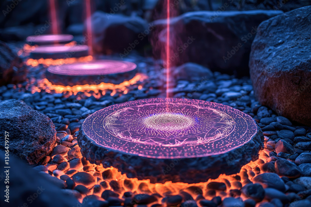 Poster illuminated stone pathway with intricate designs, glowing softly in the night.