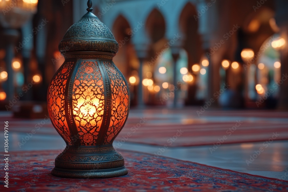 Poster a lit lantern sits atop a red carpet, suitable for use in events or decoration