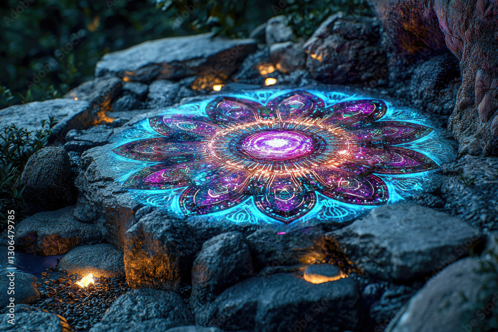 Poster glowing mandala etched onto a stone, surrounded by rocks and soft lights, creating a mystical and se