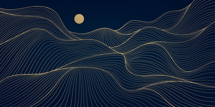 Vector wave line pattern, sea, mountains, hills art. Japanese nature illustration, china wallpaper, geometric curve wallpaper. Gold on blue.