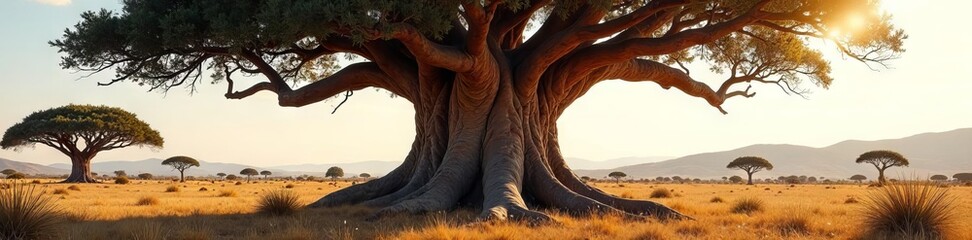 Ancient baobab tree trunk, massive branches revealed by tilt , desert, botanical
