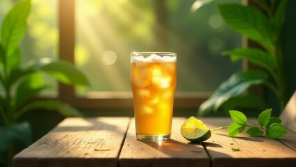 Refreshing Iced Tea with Citrus on Rustic Wooden Table in Sunlight