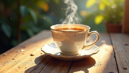 Obraz premium Warm morning beverage in elegant cup on rustic wooden table bathed in sunlight